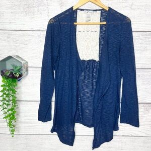 Boho Blue & White Sheer Lace Panel Back Open Front Cardigan Sweater Size Large